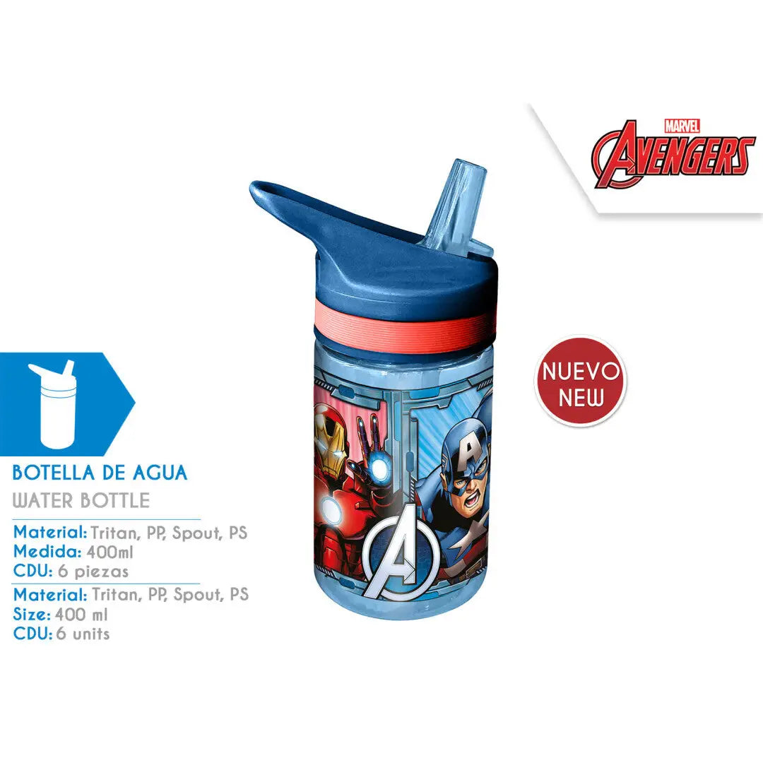 Botella cantimplora Marvel Avengers 400ml con pajita- Ideal para el Cole y Parque