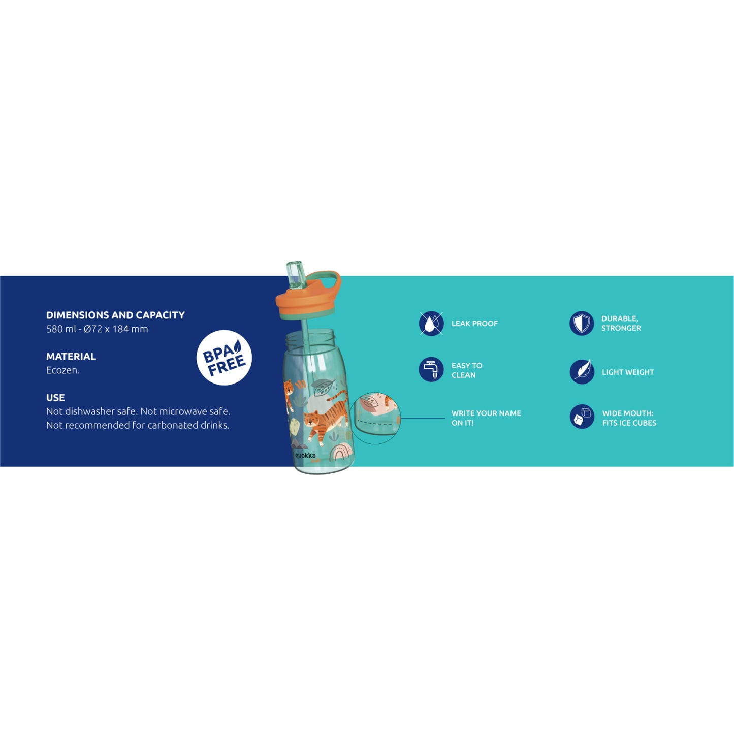 Botella plástico QUOKKA GLOW TIGERS con pajita 580ML