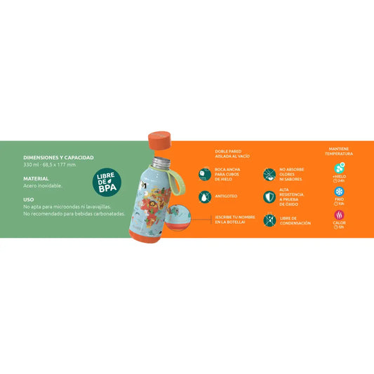 Botella térmica Quokka Kids Solid Jungle 330ml mantiene frío y calor para todo tipo de bebidas niños infantil acero