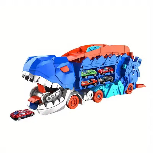 Camión dinosaurio transformable devora coches con portacoches rampas y juego interactivo para niños Juguete