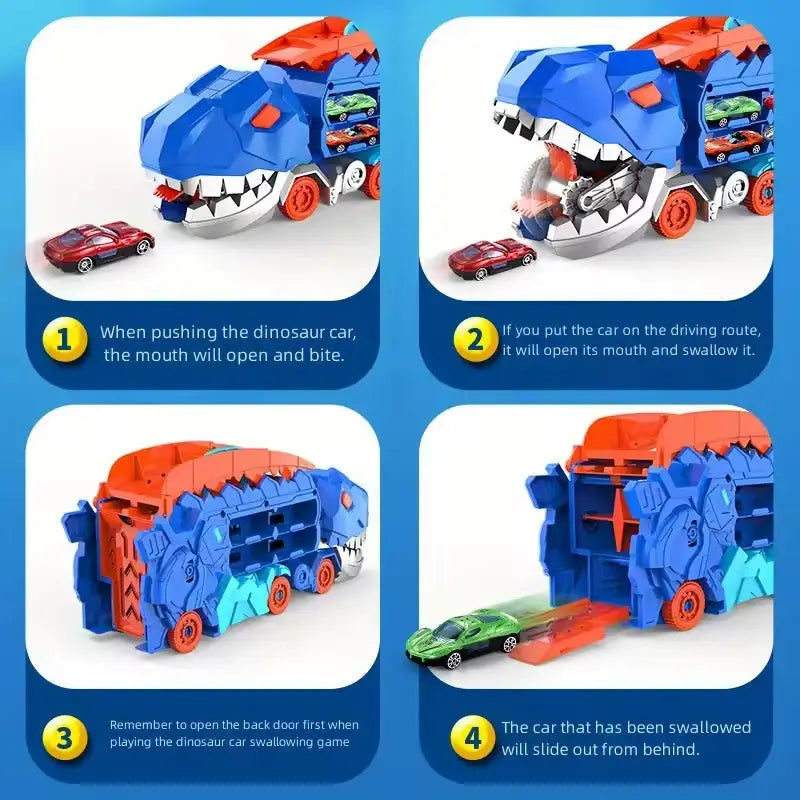 Camión dinosaurio transformable devora coches con portacoches rampas y juego interactivo para niños Juguete