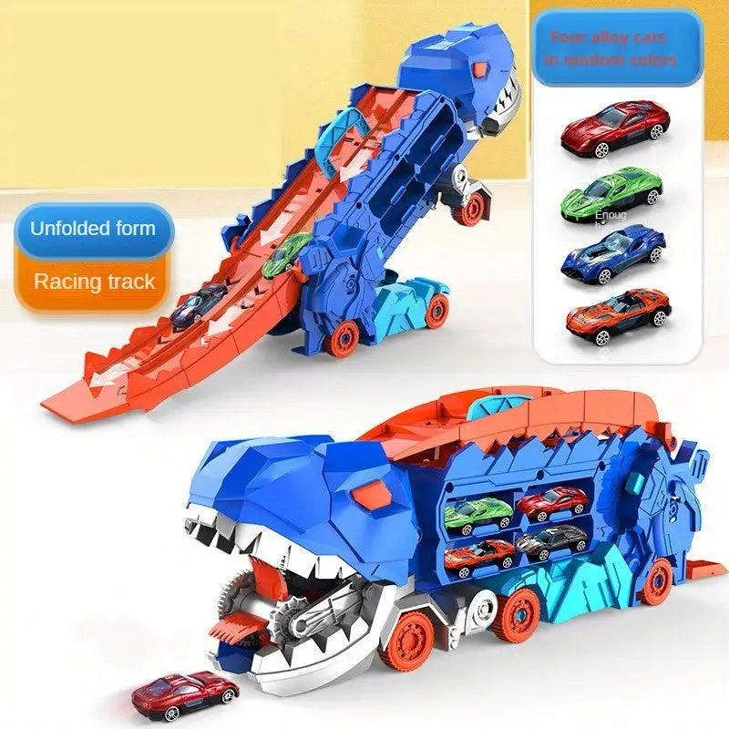 Camión dinosaurio transformable devora coches con portacoches rampas y juego interactivo para niños Juguete