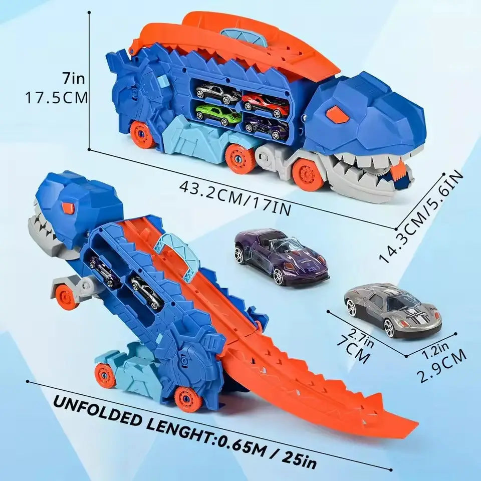 Camión dinosaurio transformable devora coches con portacoches rampas y juego interactivo para niños Juguete