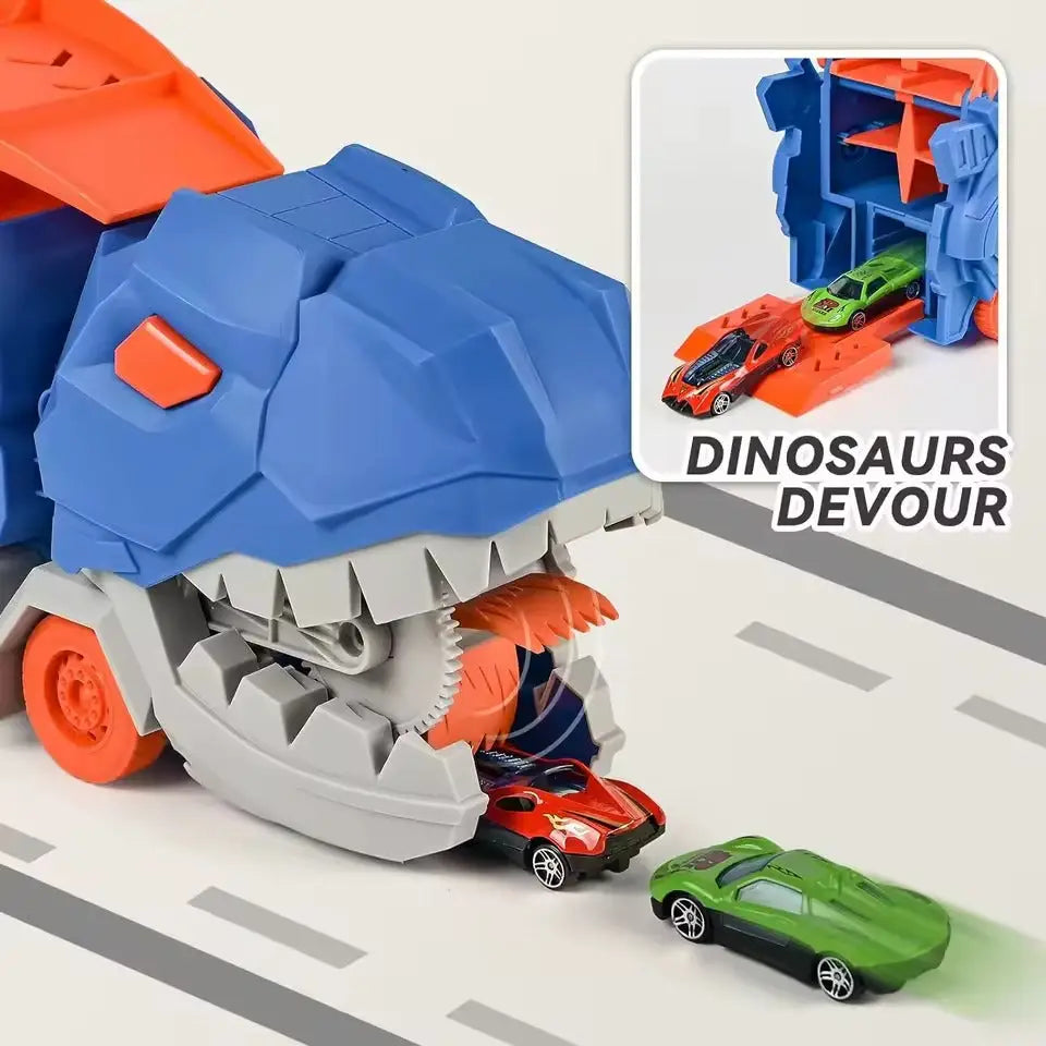Camión dinosaurio transformable devora coches con portacoches rampas y juego interactivo para niños Juguete