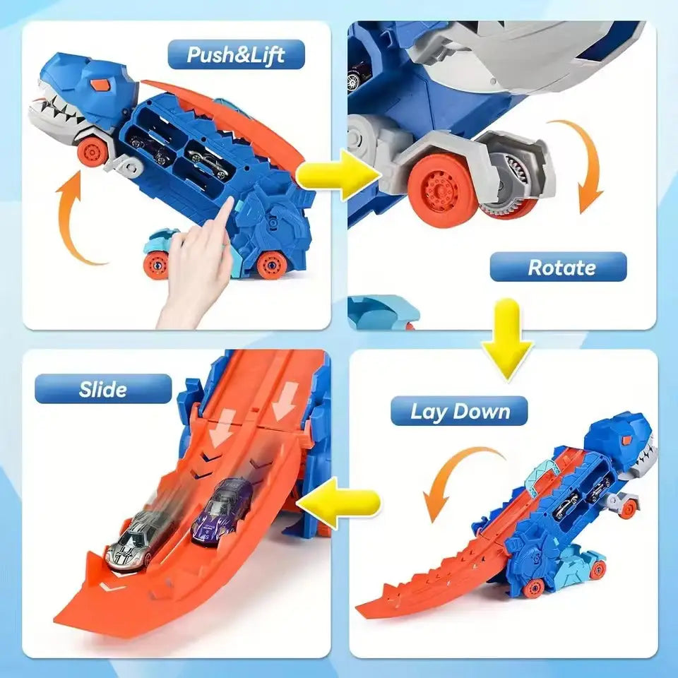 Camión dinosaurio transformable devora coches con portacoches rampas y juego interactivo para niños Juguete