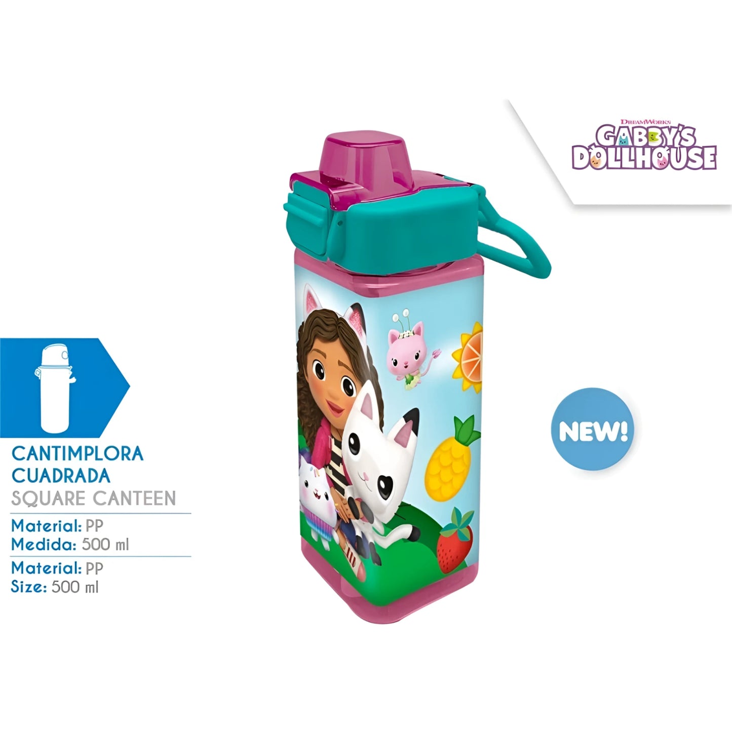 Cantimplora cuadrada GABBY´S DOLLHOUSE 500ml - Ideal para el Cole y Parque - Botella