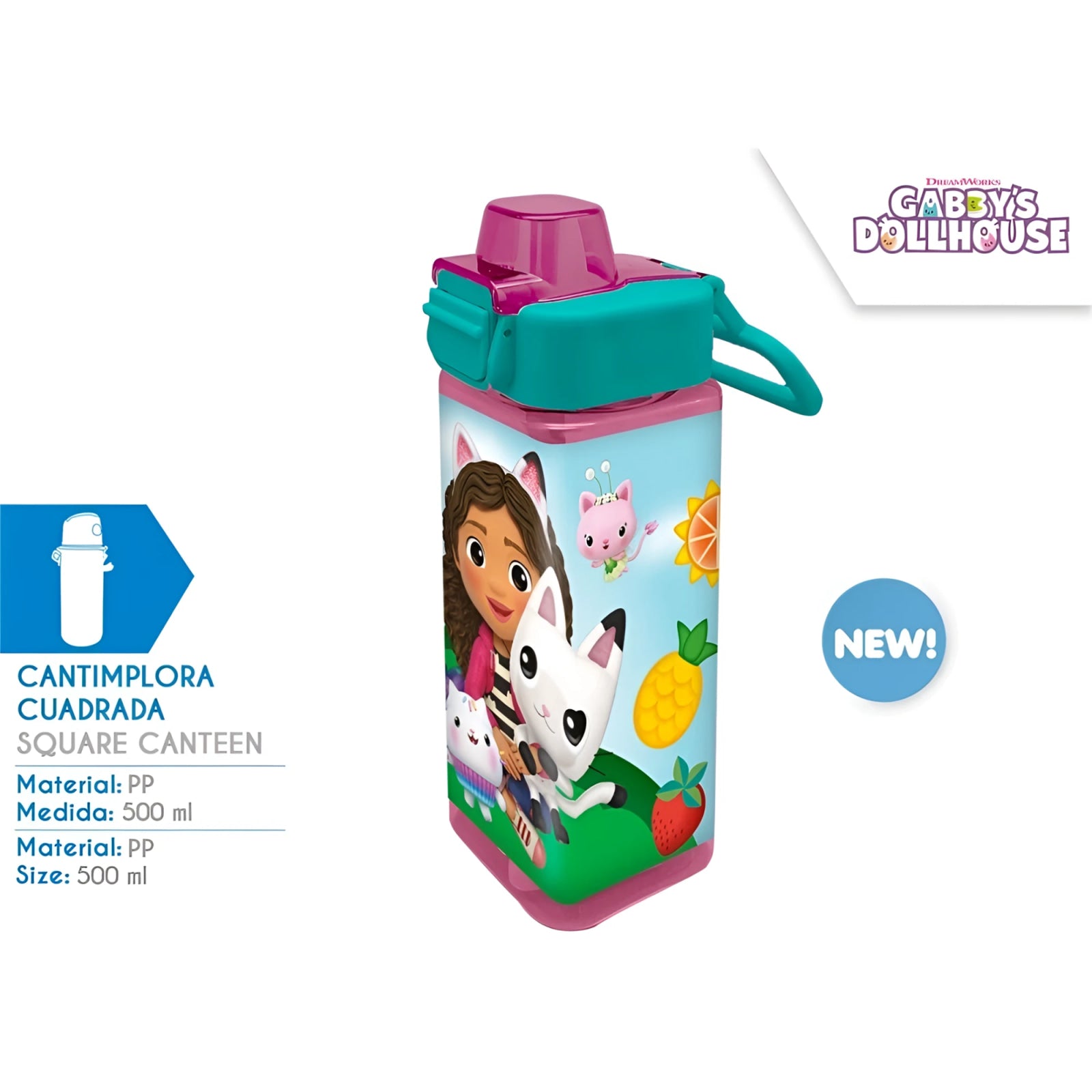 Cantimplora cuadrada GABBY´S DOLLHOUSE 500ml - Ideal para el Cole y Parque - Botella