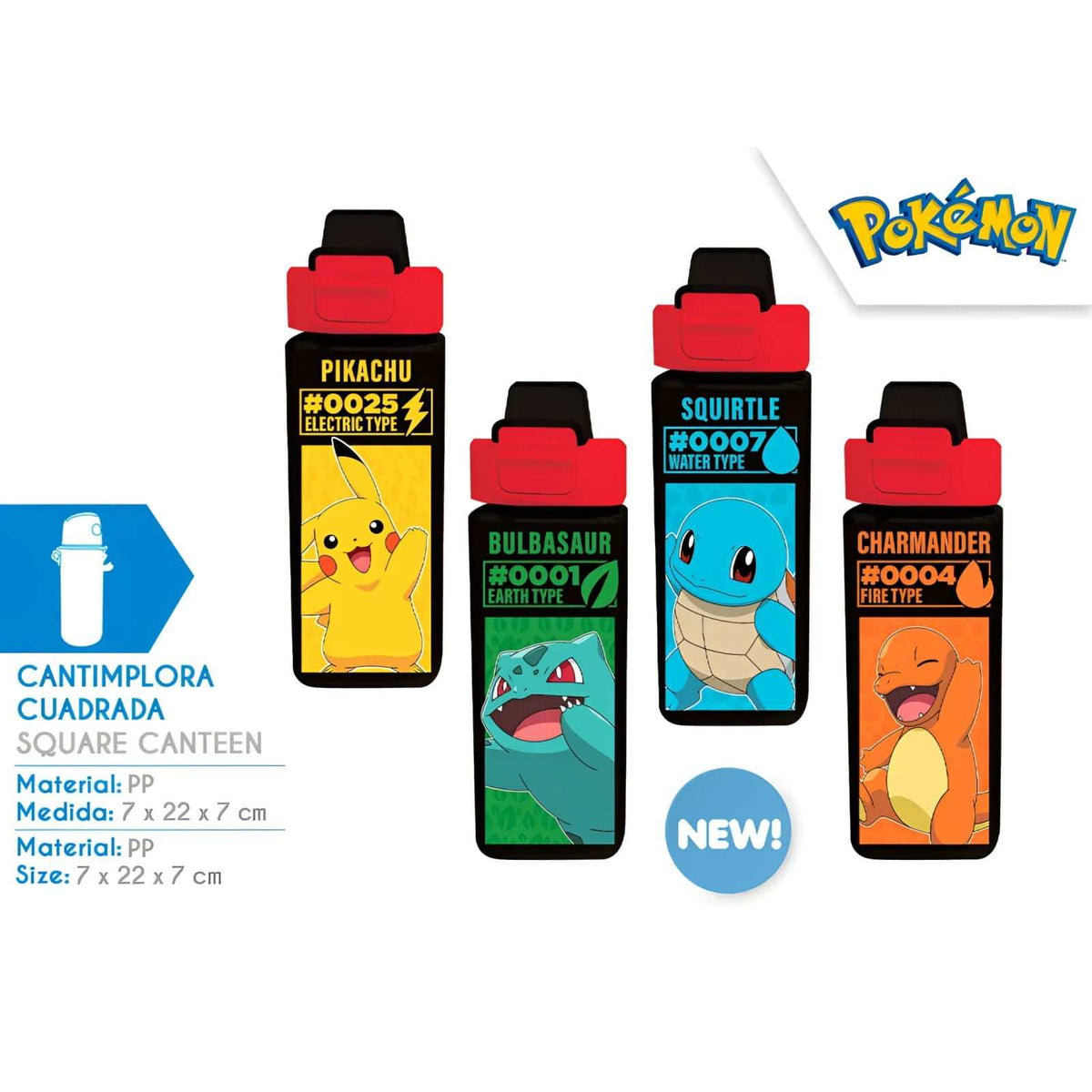 Cantimplora cuadrada Pokémon 500 ml con diseño de iniciales