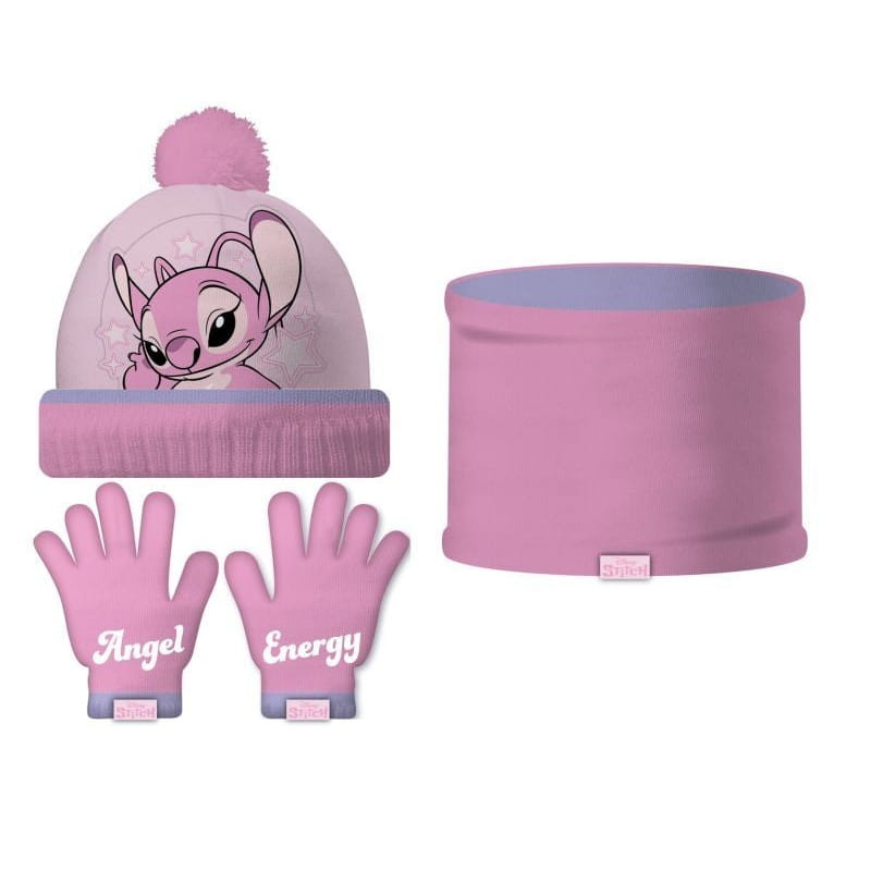 Conjunto de braga guantes y gorro Stitch Ángel rosa