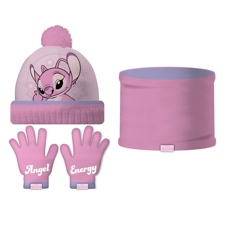 Conjunto de braga guantes y gorro Stitch Ángel rosa