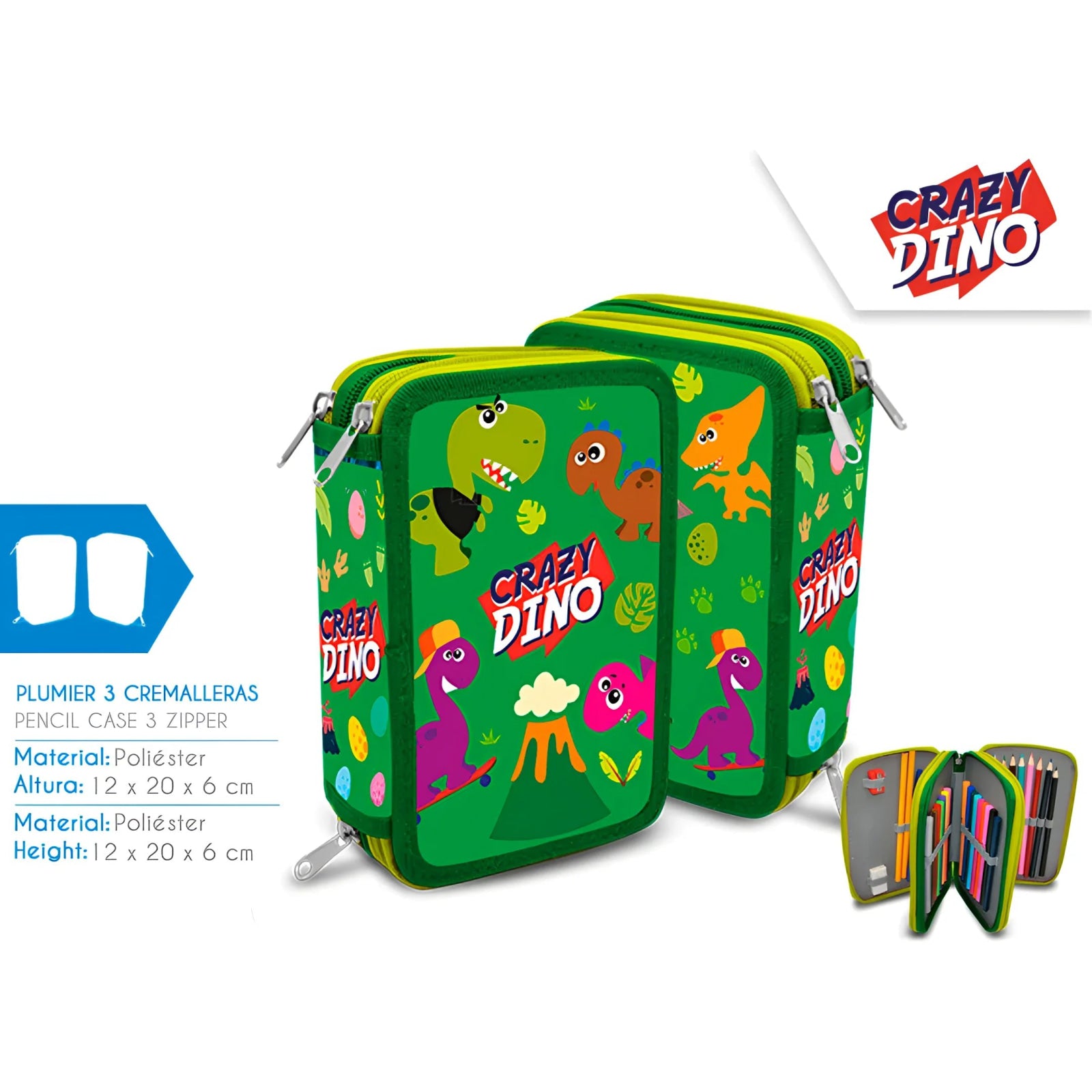 Estuche completo 3 cremalleras CRAZY DINO - Perfecta para el Cole