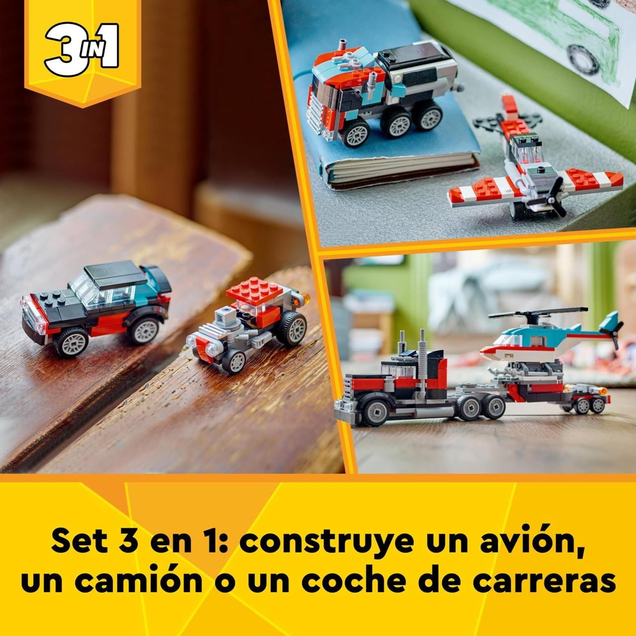 Juego de construcción camión plataforma con helicóptero Lego Creator 31146 - Juguete