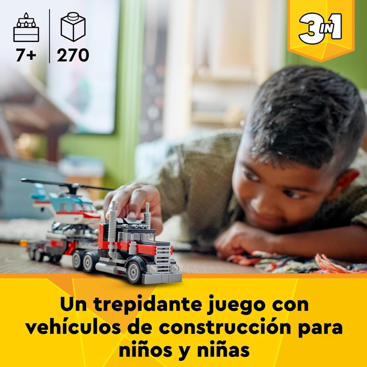Juego de construcción camión plataforma con helicóptero Lego Creator 31146 - Juguete