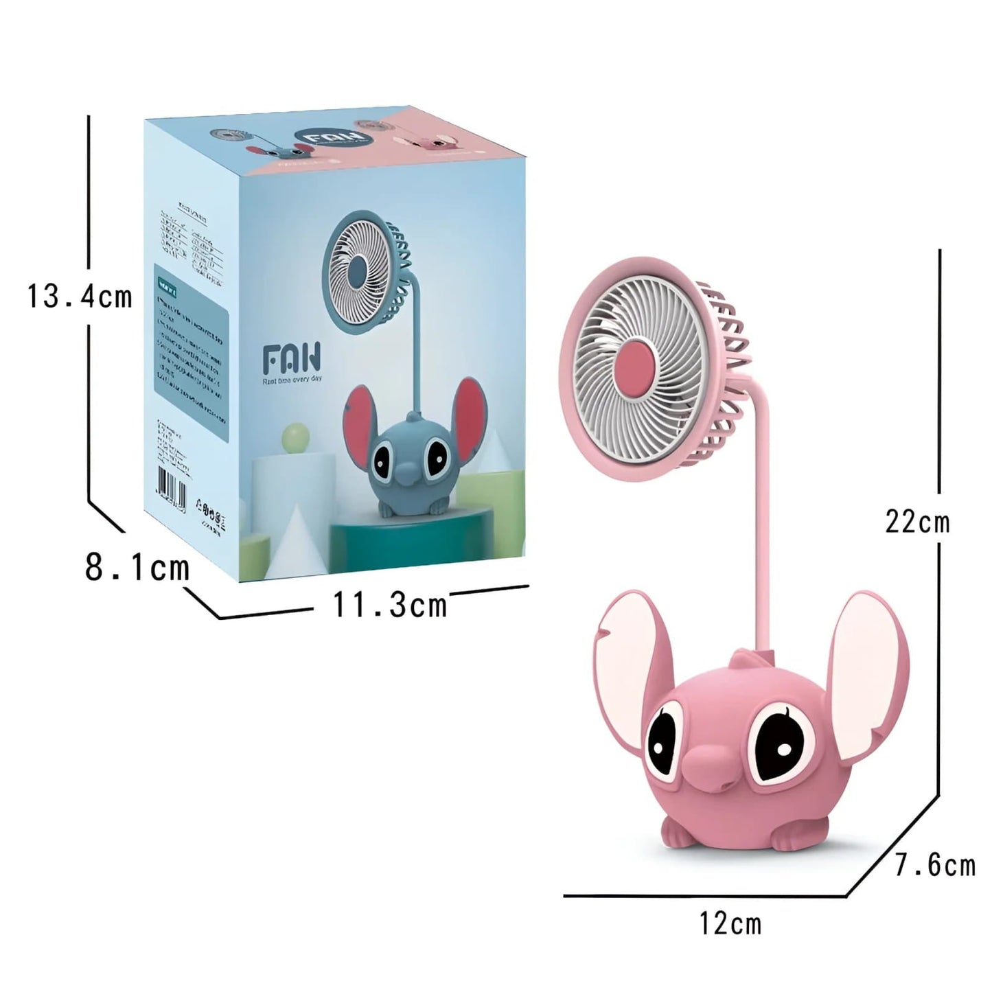 Mini ventilador plegable USB rosa con sacapuntas y luz ajustable