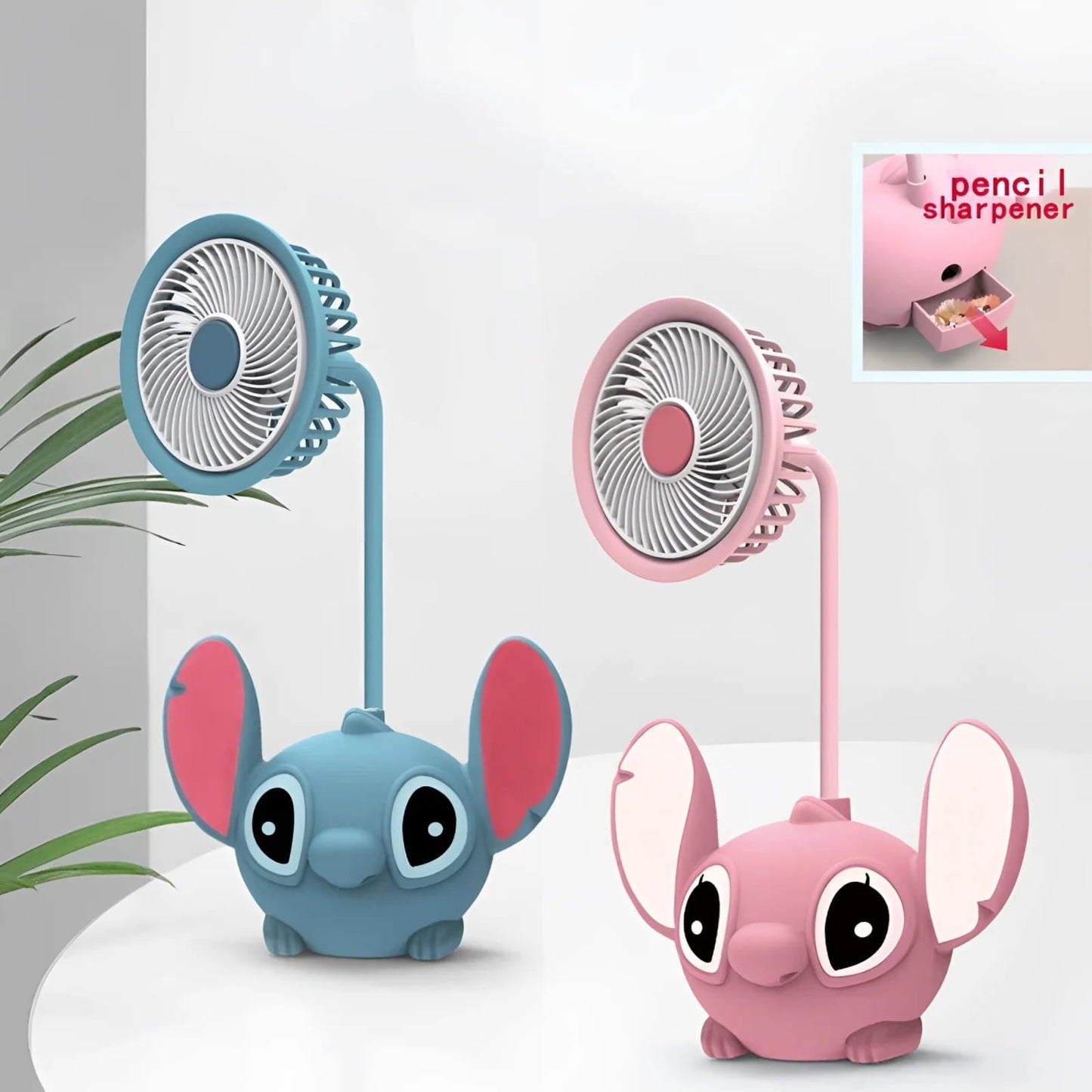 Mini ventilador plegable USB con sacapuntas de Stitch en rosa y azul compacto