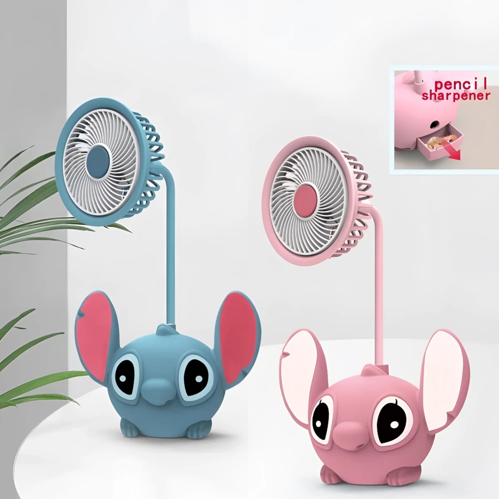 Mini ventilador plegable USB con sacapuntas de Stitch en rosa y azul compacto