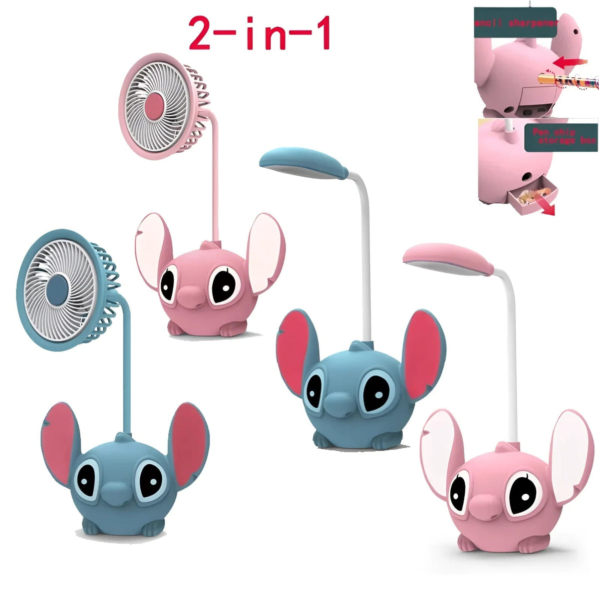 mini ventilador plegable usb rosa y azul con sacapuntas stich compacto y portátil