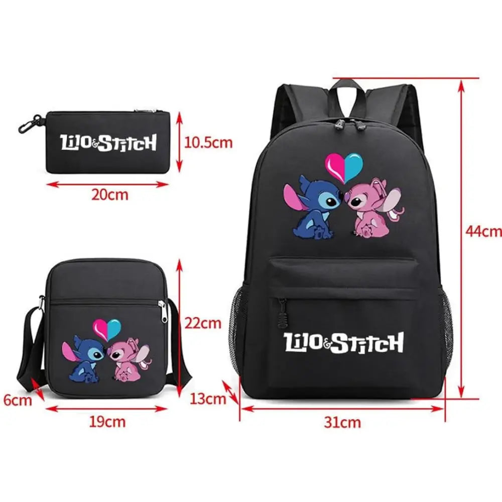 Mochila Escolar Stitch Set 3 Piezas para Niños y Adolescentes—Set de Estuche Bandolera Diseño Dibujos Animados Moda