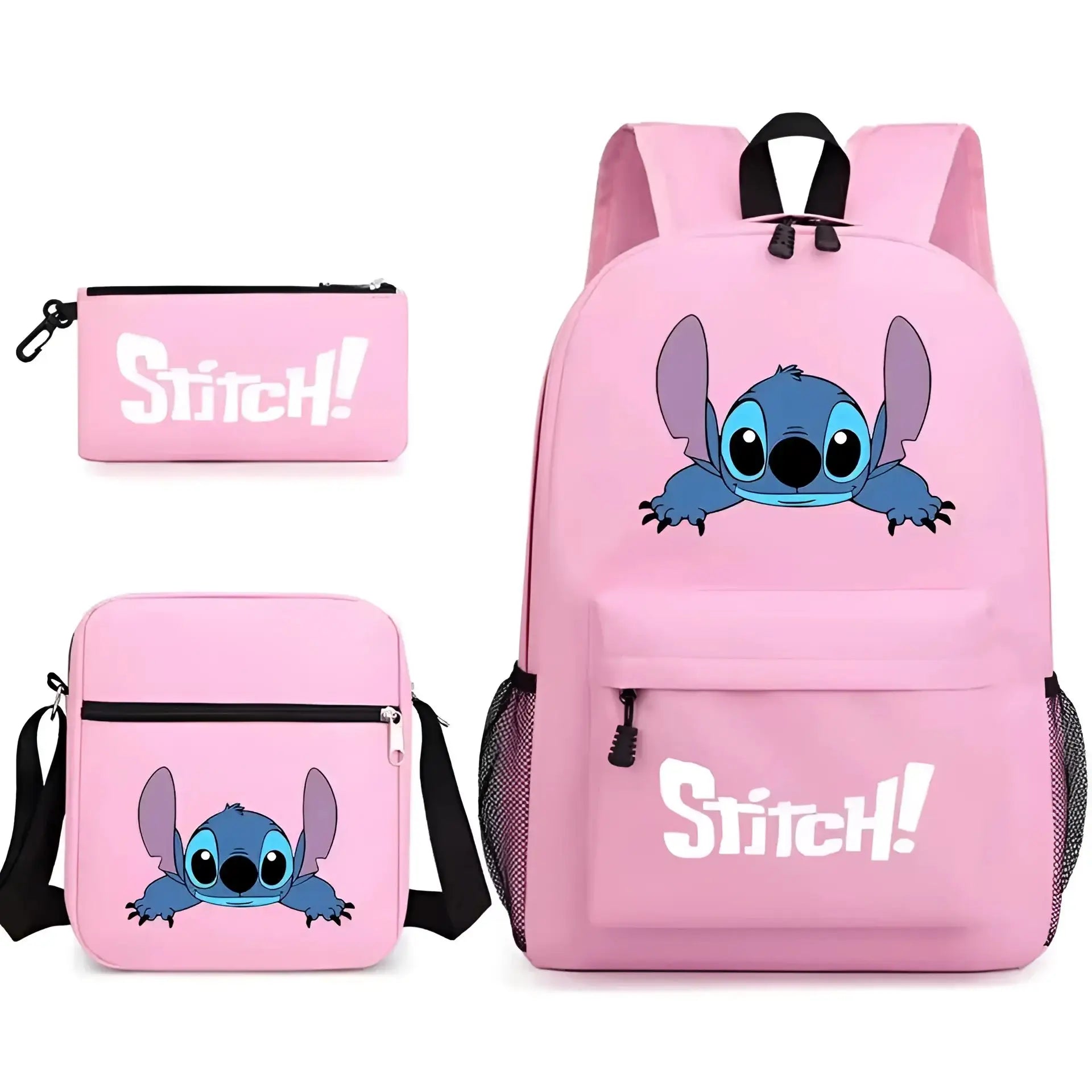 Mochila Escolar Stitch Set 3 Piezas para Niños y Adolescentes—Set de Estuche Bandolera Diseño Dibujos Animados Moda