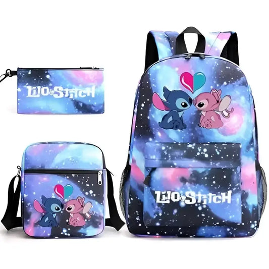Mochila Escolar Stitch Set 3 Piezas para Niños y Adolescentes—Set de Estuche Bandolera Diseño Dibujos Animados Moda