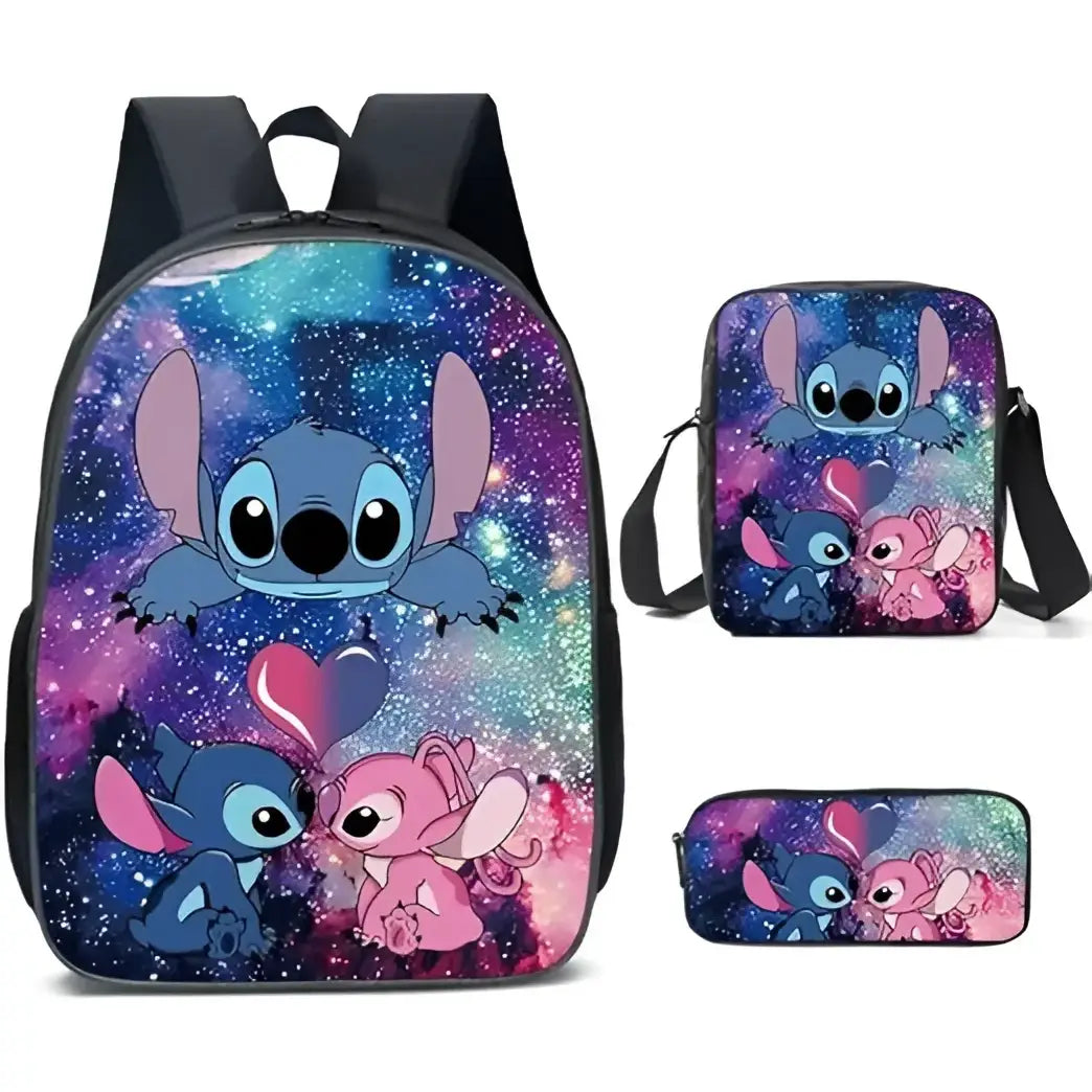 Mochila Escolar Stitch Set 3 Piezas para Niños y Adolescentes—Set de Estuche Bandolera Diseño Dibujos Animados Moda