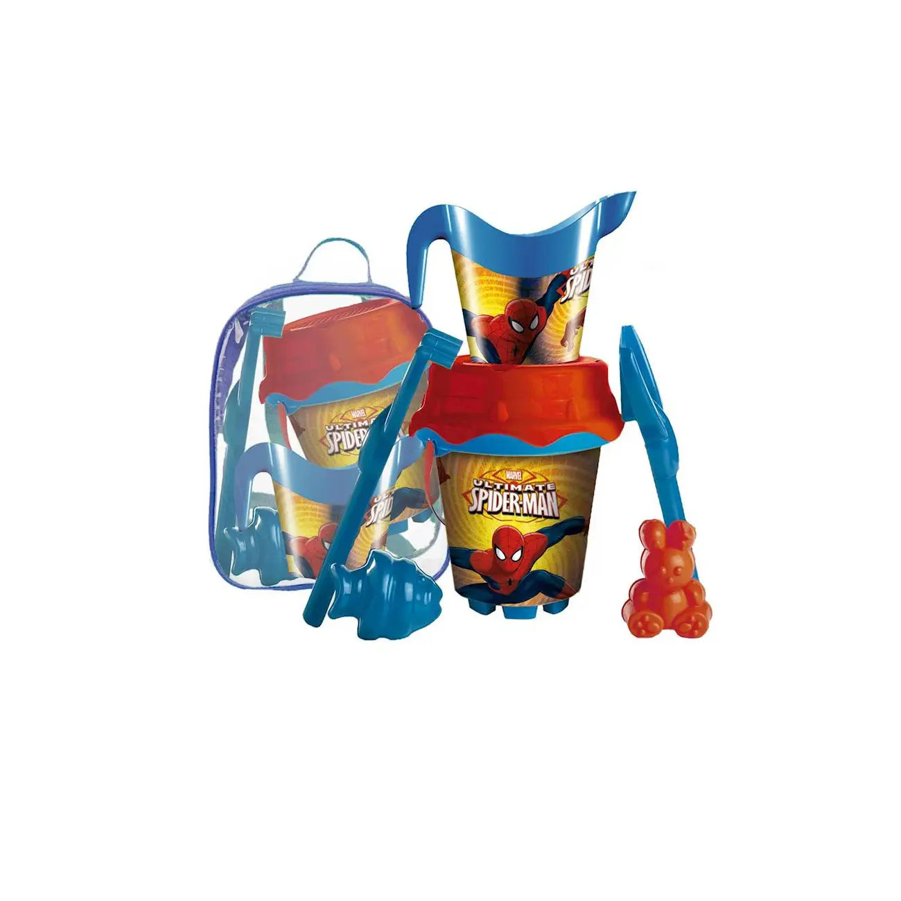 Mochila Spiderman con cubo de playa cedazo pala rastrillo y moldes 18cm - Cubo