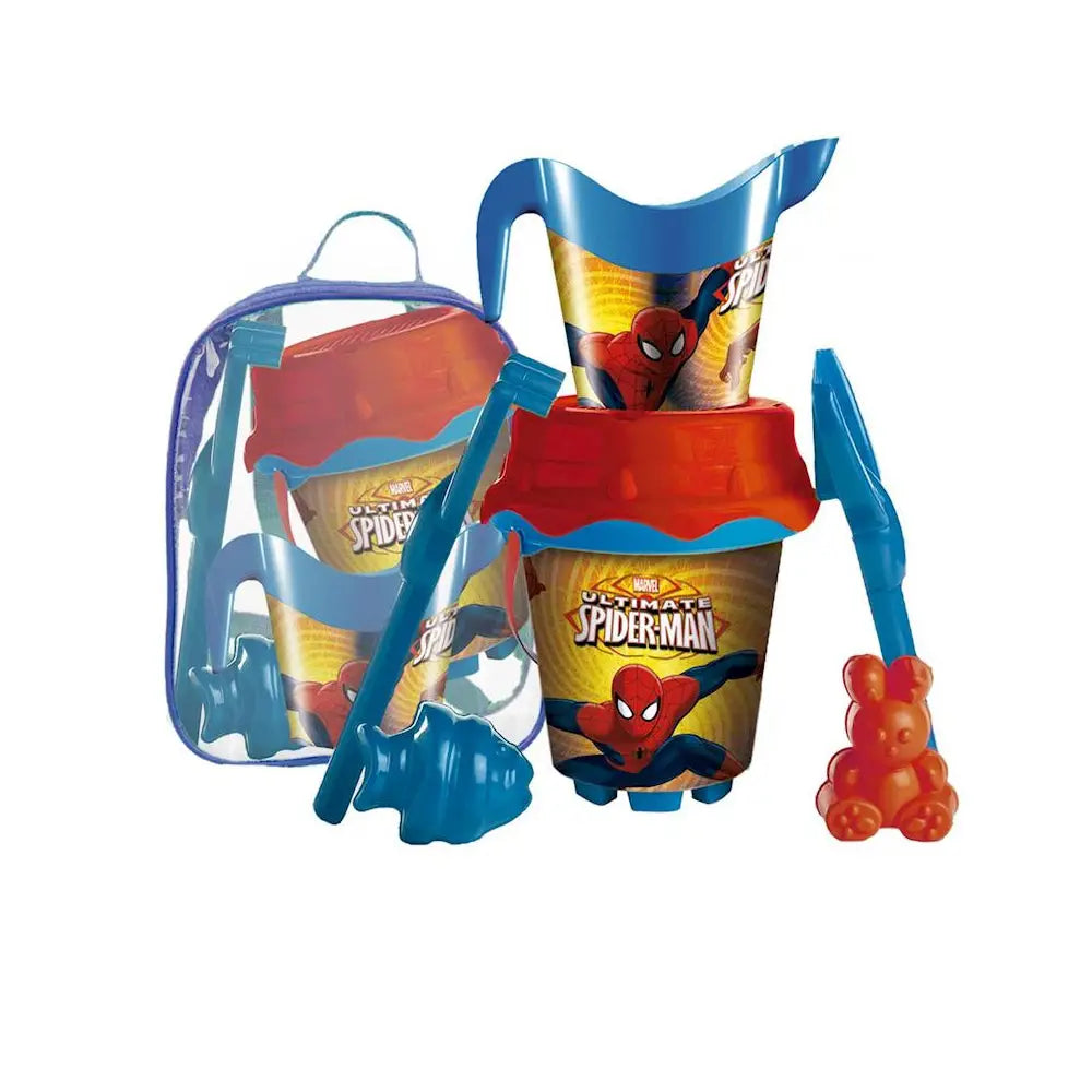 Mochila Spiderman con cubo de playa cedazo pala rastrillo y moldes 18cm - Cubo