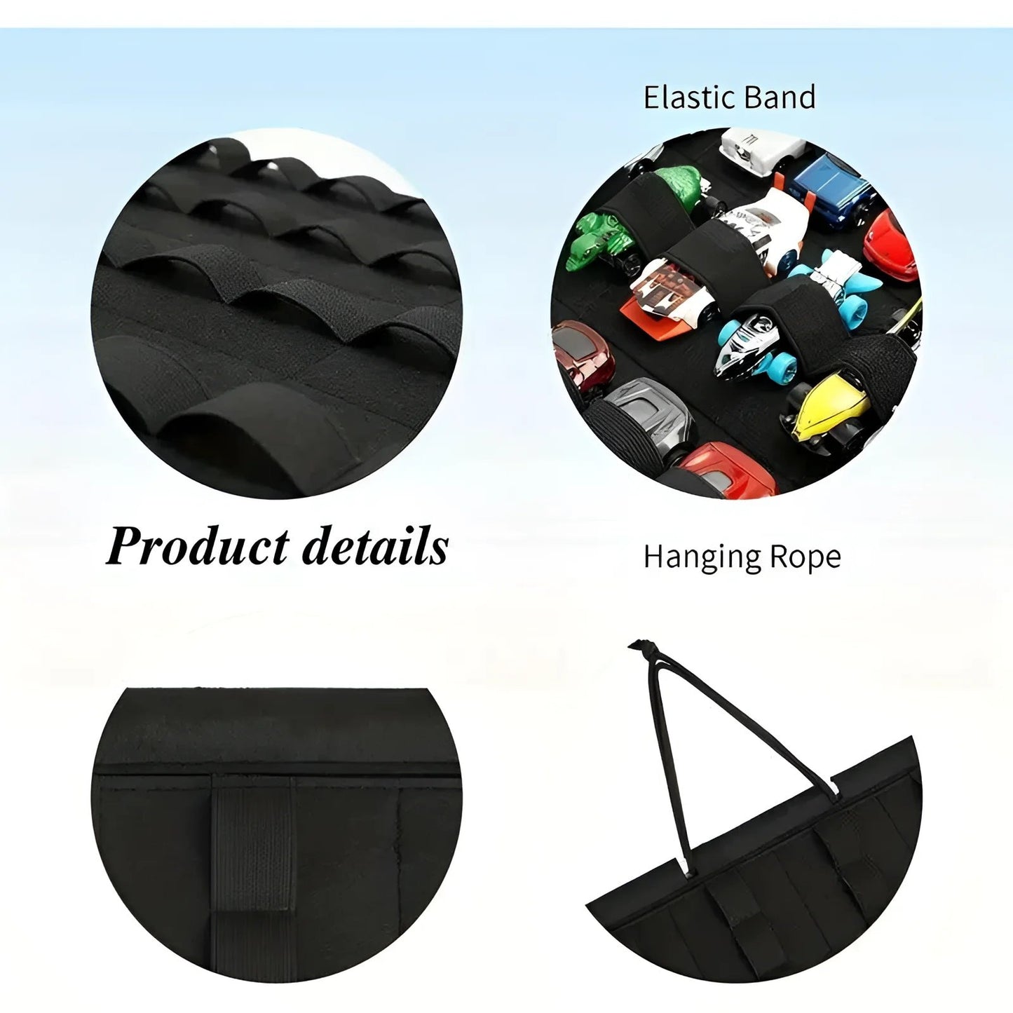 Organizador colgante para coches de juguete con tiras sujetarlos Negro