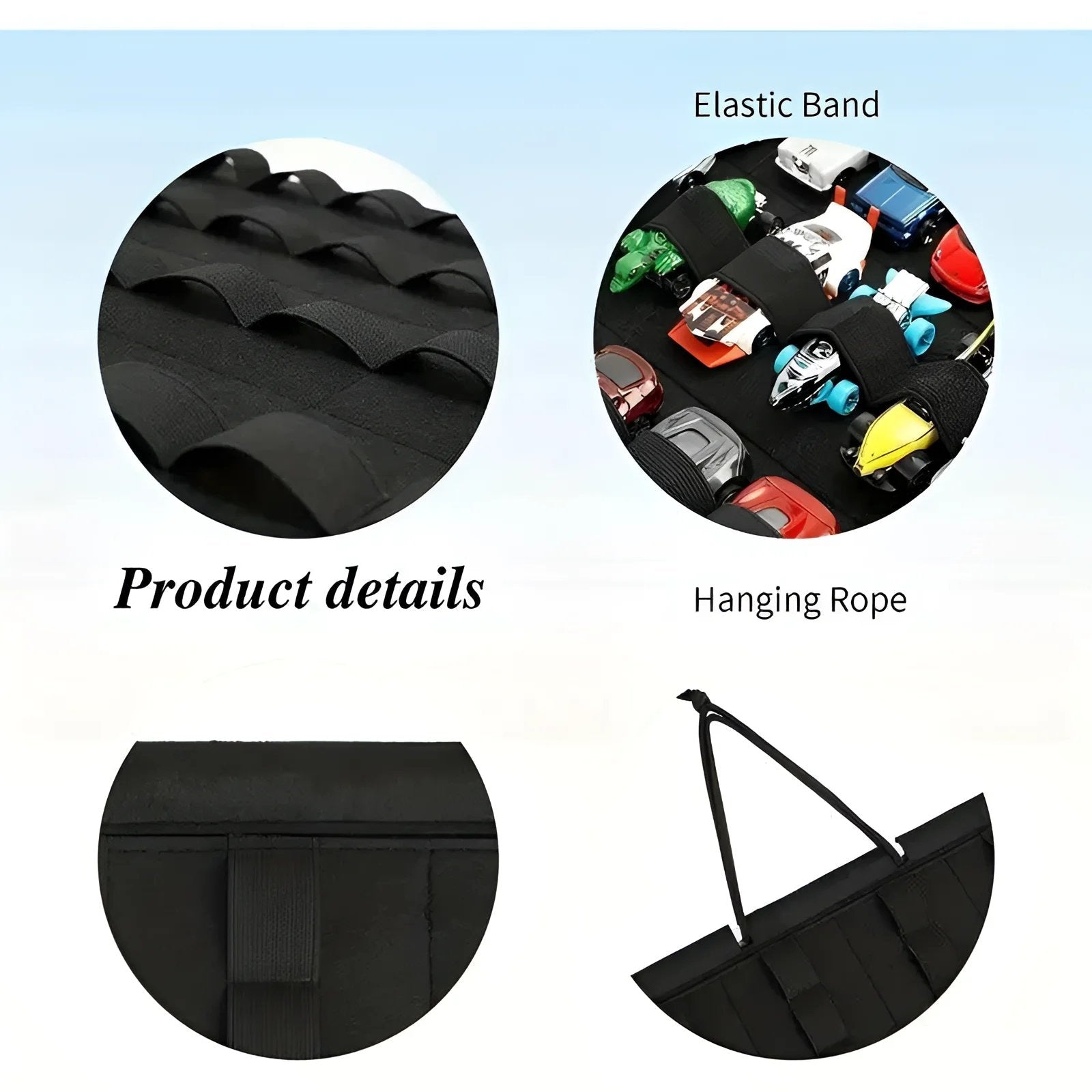 Organizador colgante para coches de juguete con tiras sujetarlos Negro