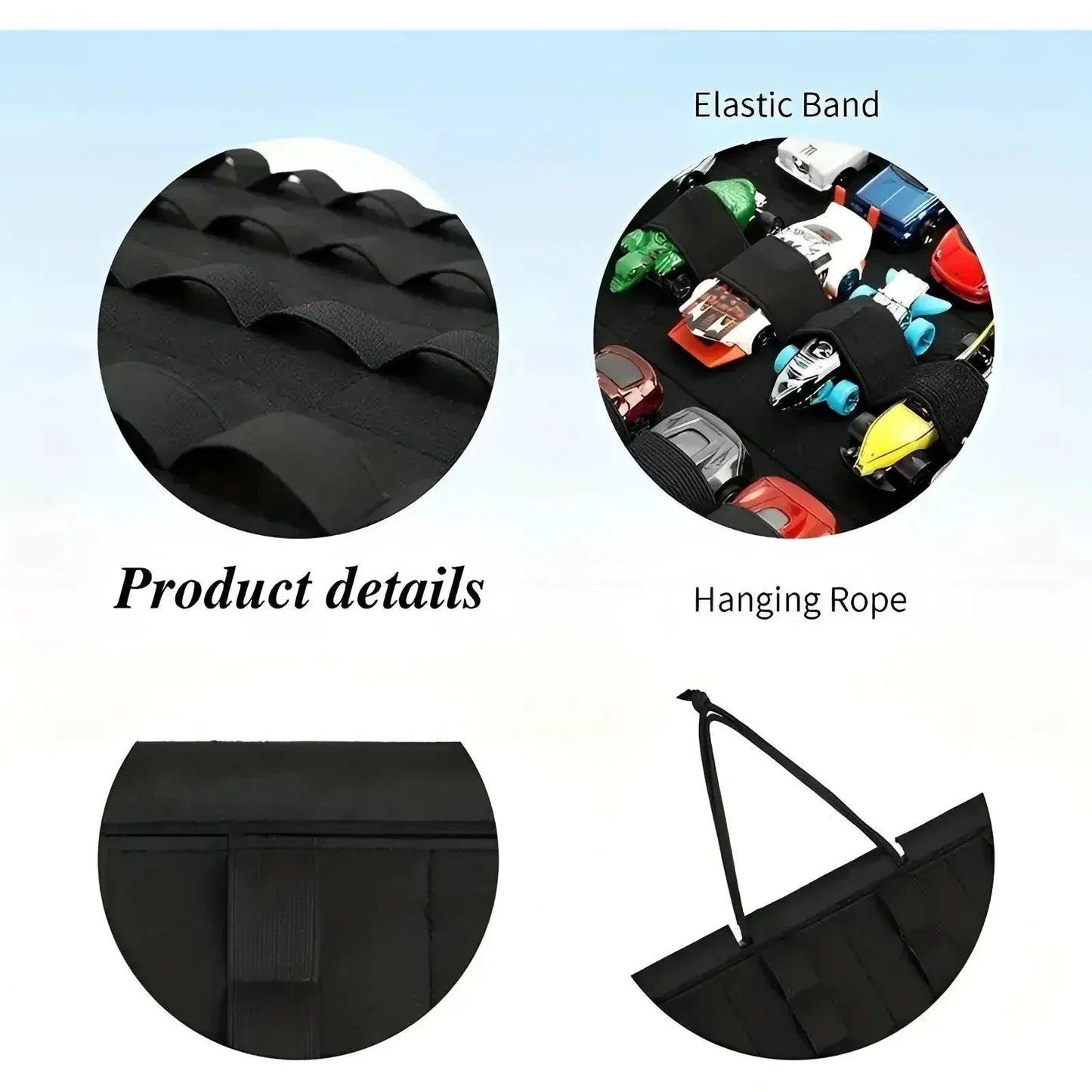 Organizador colgante para coches de juguete con tiras sujetarlos Negro