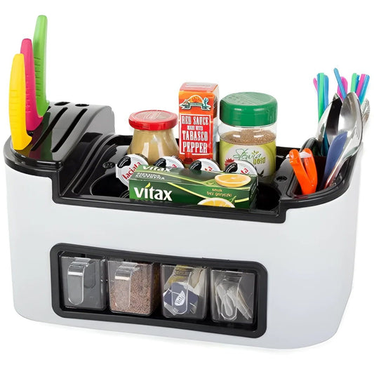 Organizador de cocina con cajones para especias y espacio para cuchillos y cubiertos
