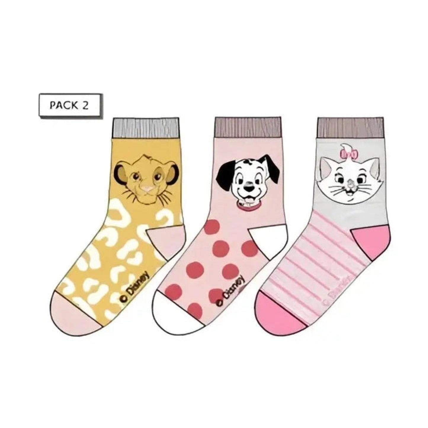 Pack 3 calcetines infantiles DISNEY con MARIE SIMBA Y 101 DÁLMATAS 2