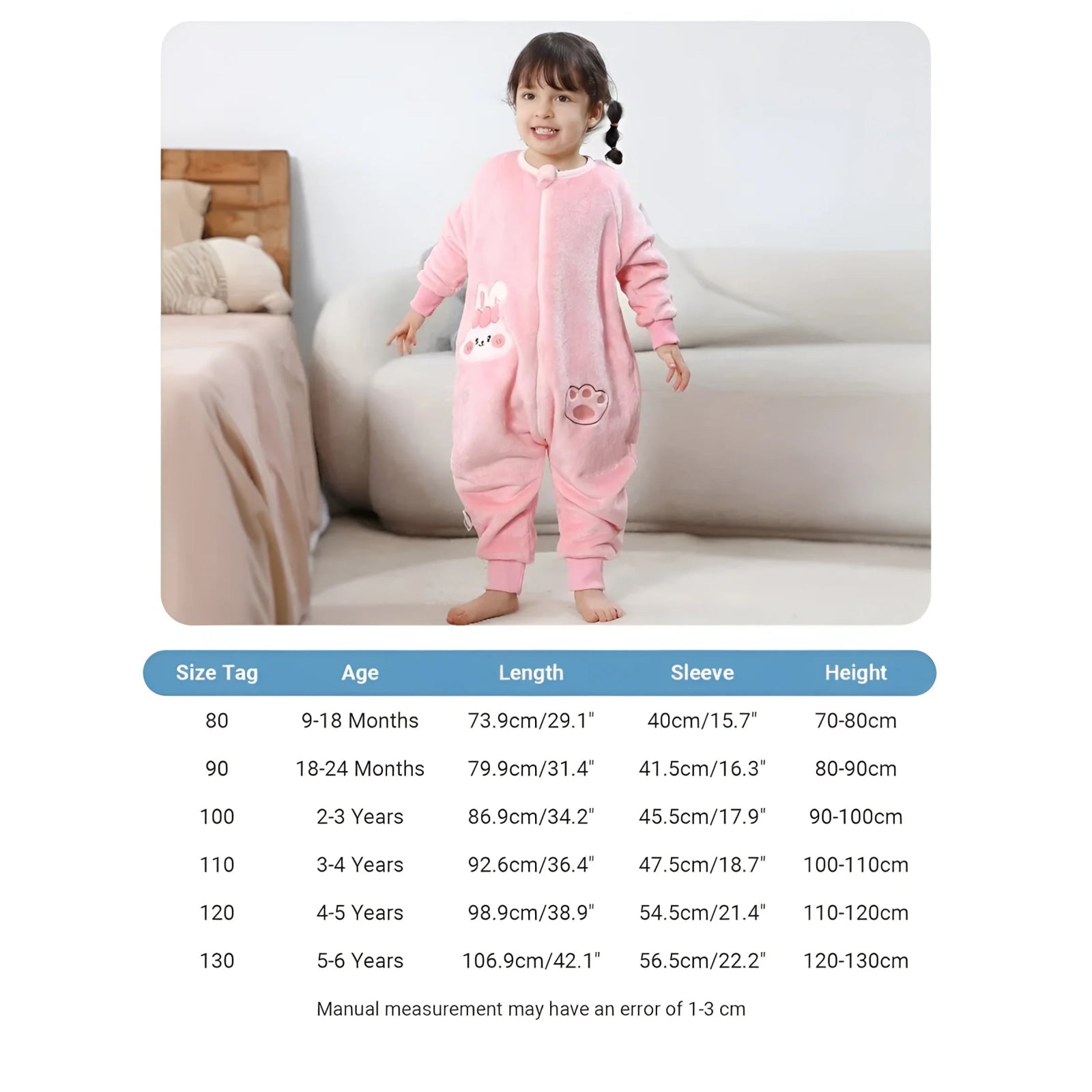Pijama para Bebé y Niños con Pies Saco de Dormir Tela Suave Manga Larga Ideal Invierno Estampados Divertidos Rosa