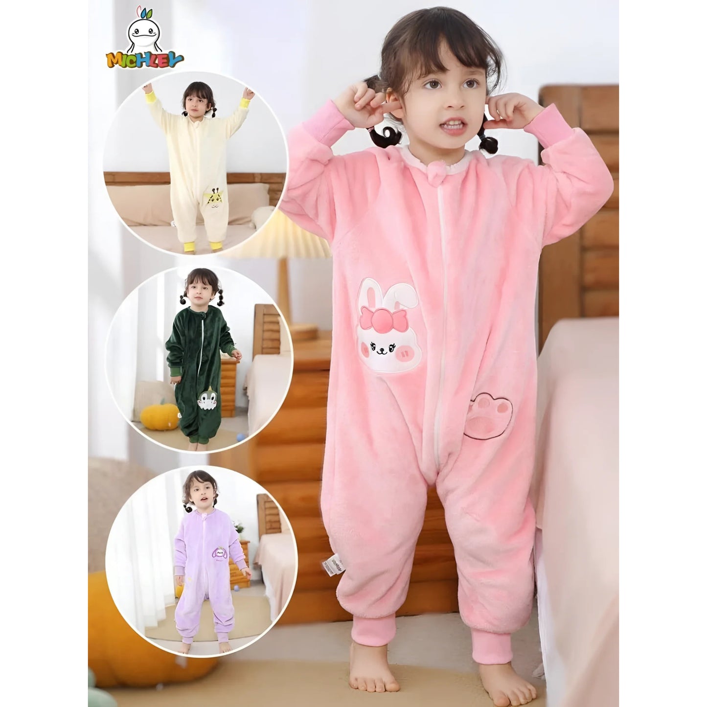 Pijama para Bebé y Niños con Pies Saco de Dormir Tela Suave Manga Larga Ideal Invierno Estampados Divertidos Rosa