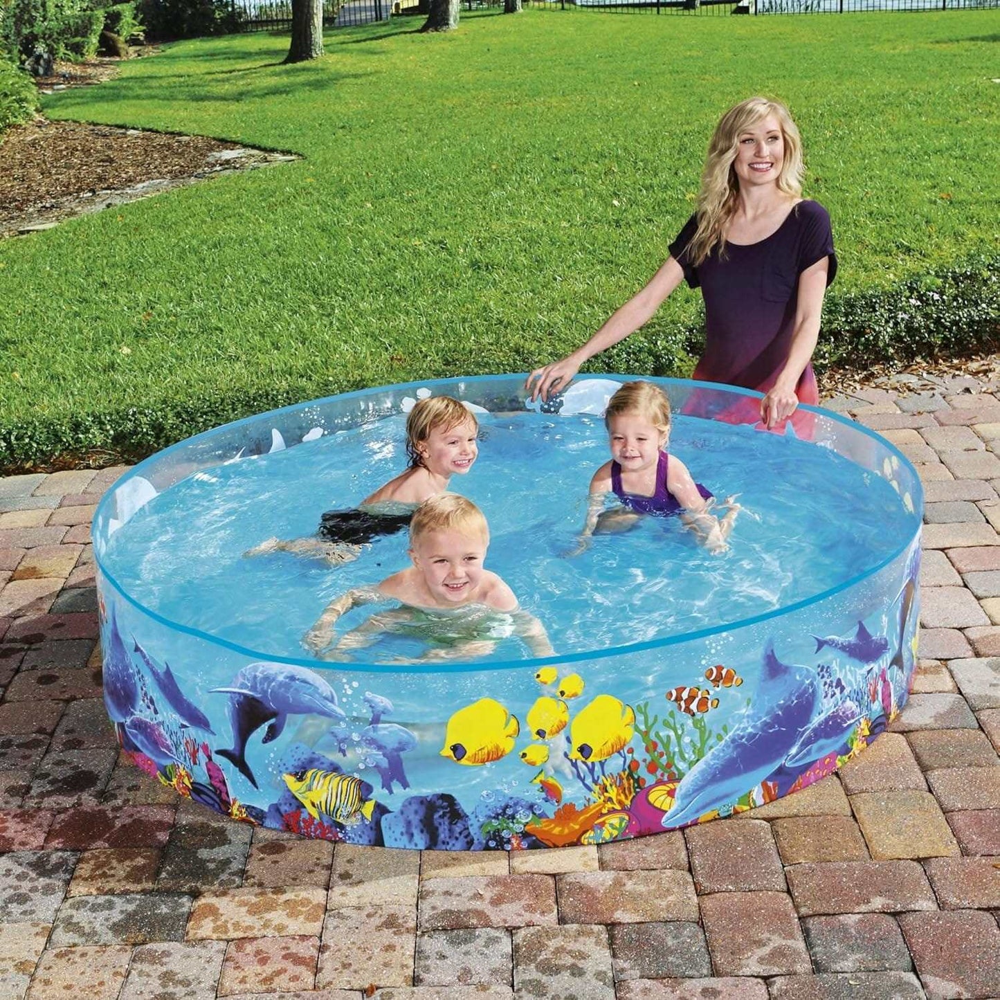 Piscina infantil redonda transparente con diseño de animales marinos para niños