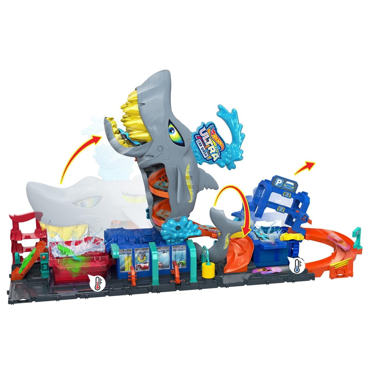 Pista Hot Wheels City Túnel de lavado con tiburón. Incluye coche que cambia color