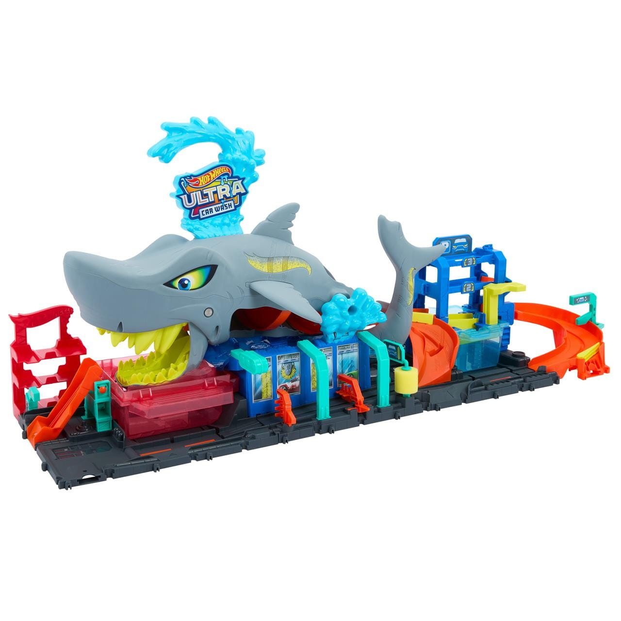 Pista Hot Wheels City Túnel de lavado con tiburón. Incluye coche que cambia color