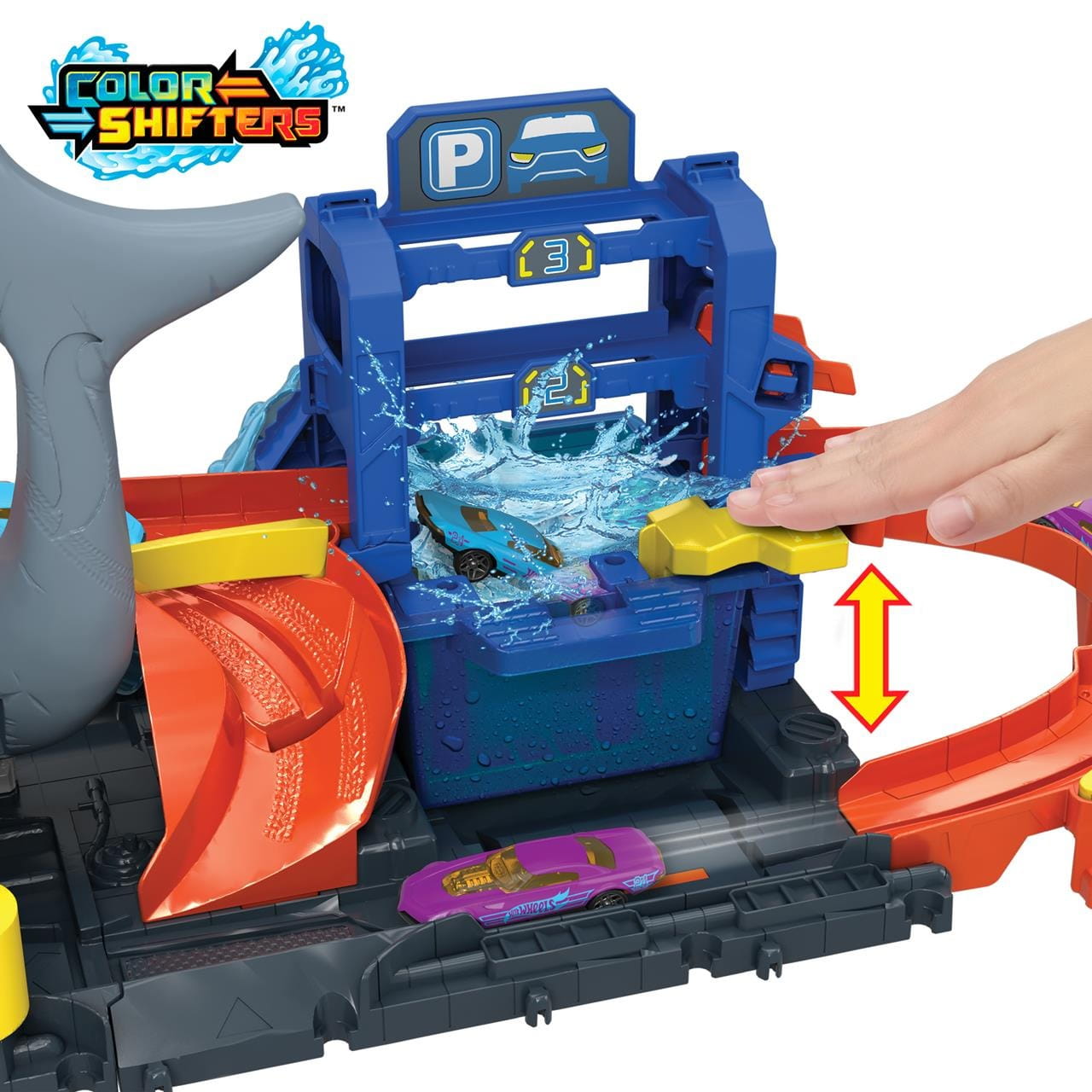 Pista Hot Wheels City Túnel de lavado con tiburón. Incluye coche que cambia color
