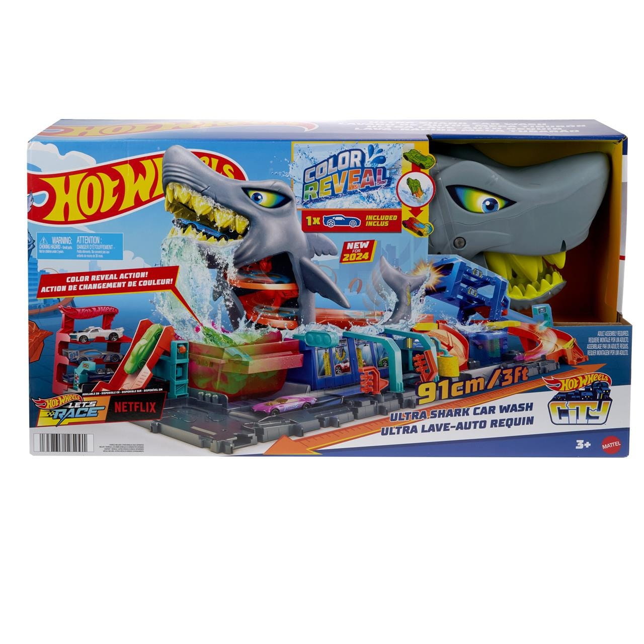 Pista Hot Wheels City Túnel de lavado con tiburón. Incluye coche que cambia color