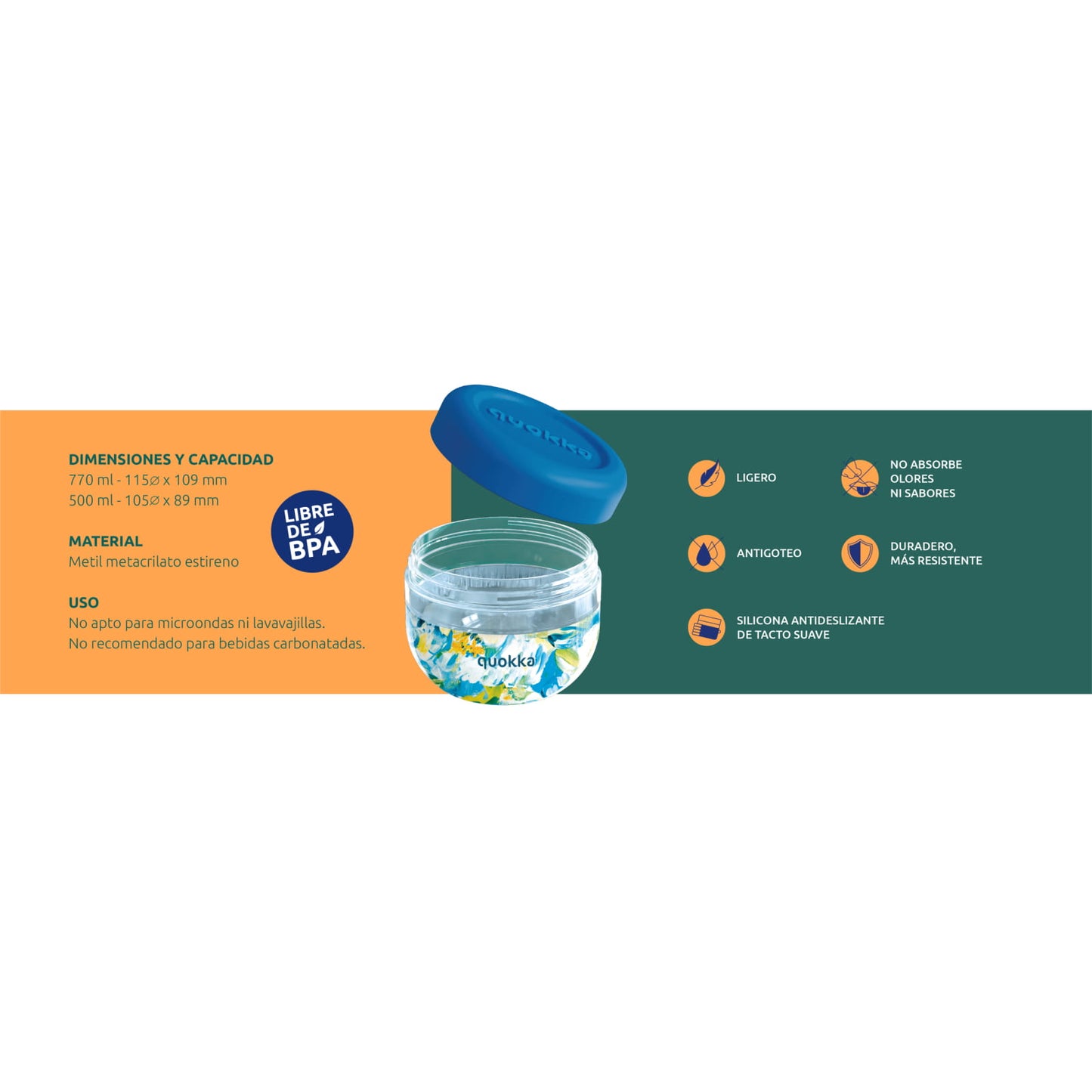 Recipiente de comida con funda silicona QUOKKA bubble watercolor leaves 500ml