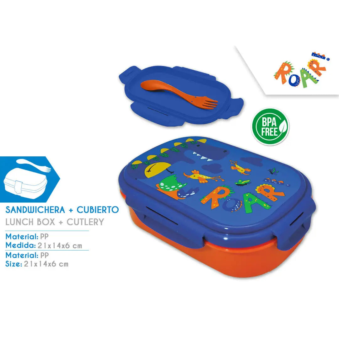Sandwichera con cubierto ROAR DINOSAURIO- Perfecta para Almuerzos y meriendas
