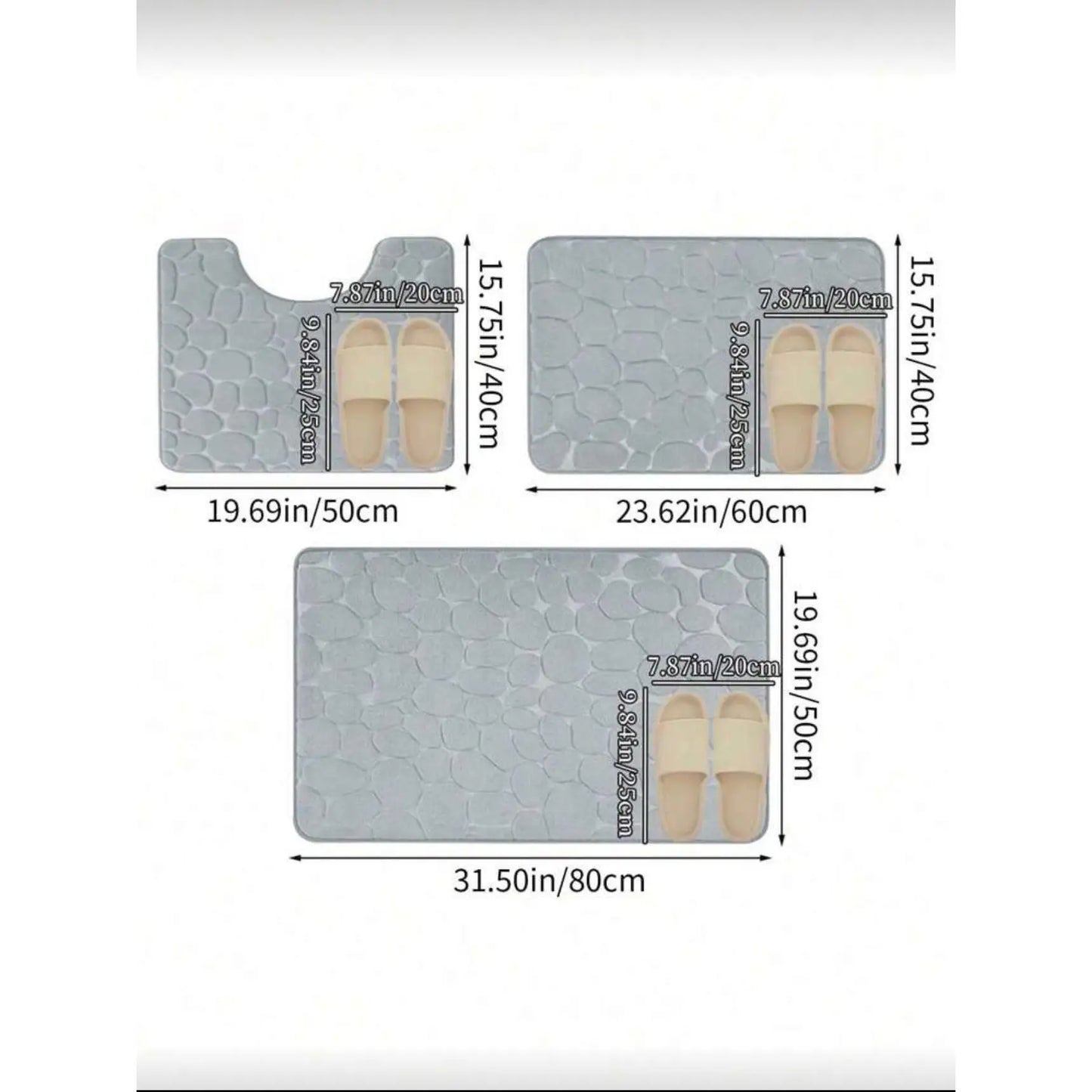 Set 3 alfombras de baño antideslizante efecto piedra gris - Alfombra