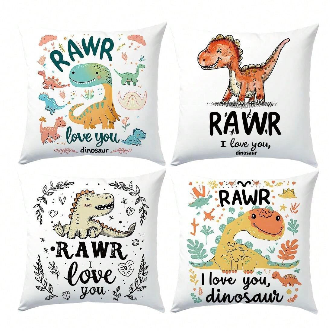 Set 4 fundas de cojín 45x45cm poliéster tacto suave - Dinosaurio - Funda Cojin