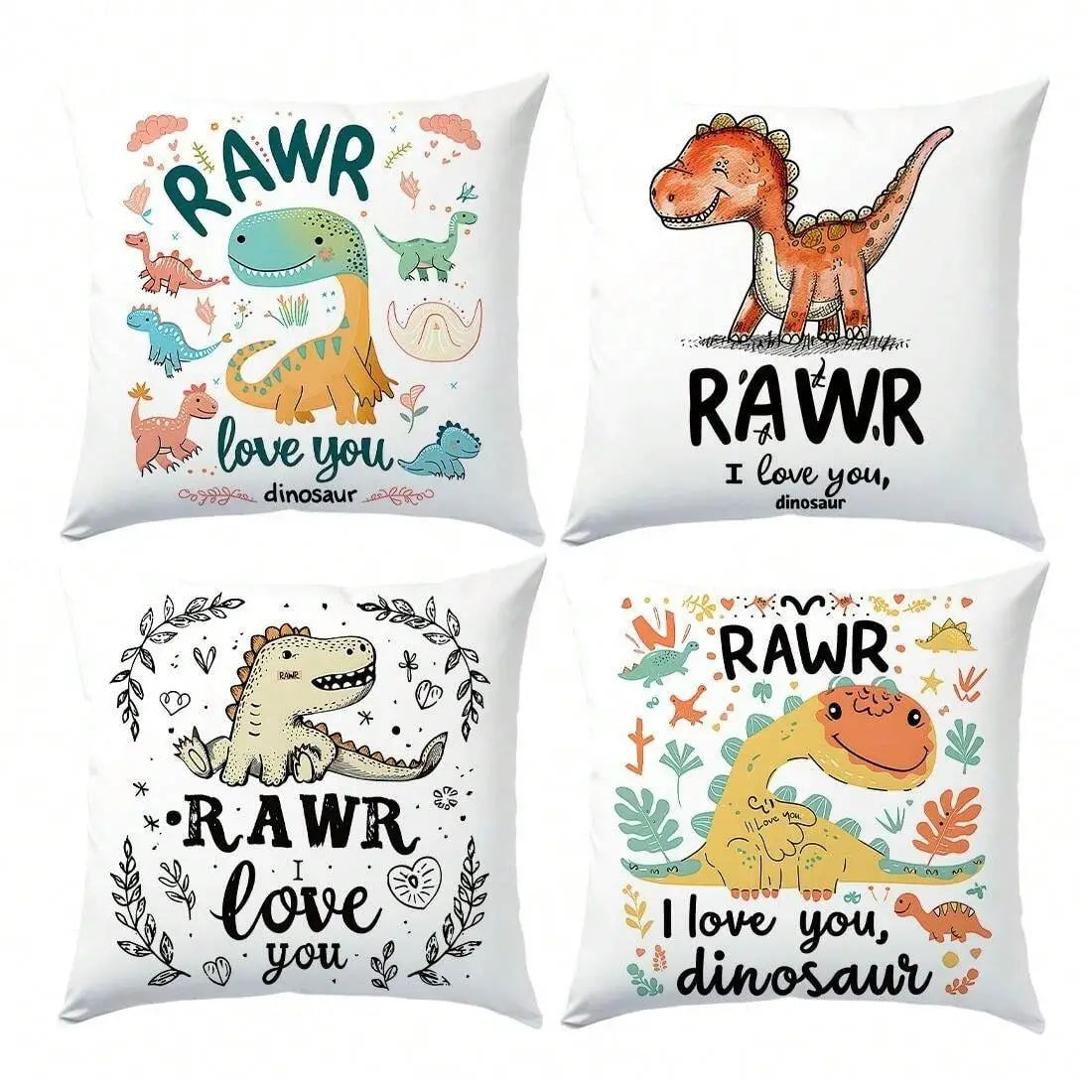 Set 4 fundas de cojín 45x45cm poliéster tacto suave - Dinosaurio - Funda Cojin