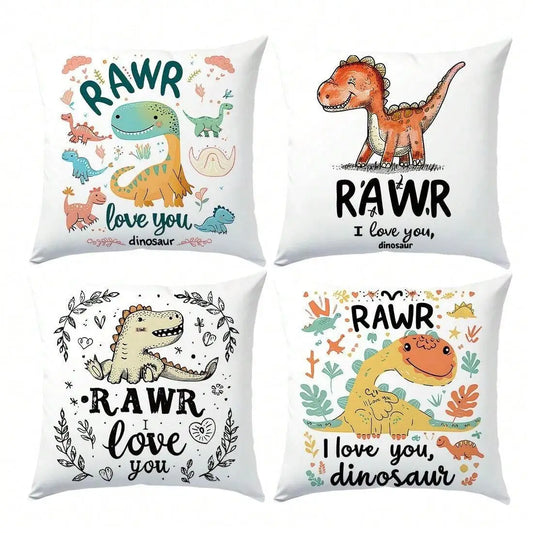 Set 4 fundas de cojín 45x45cm poliéster tacto suave - Dinosaurio - Funda Cojin