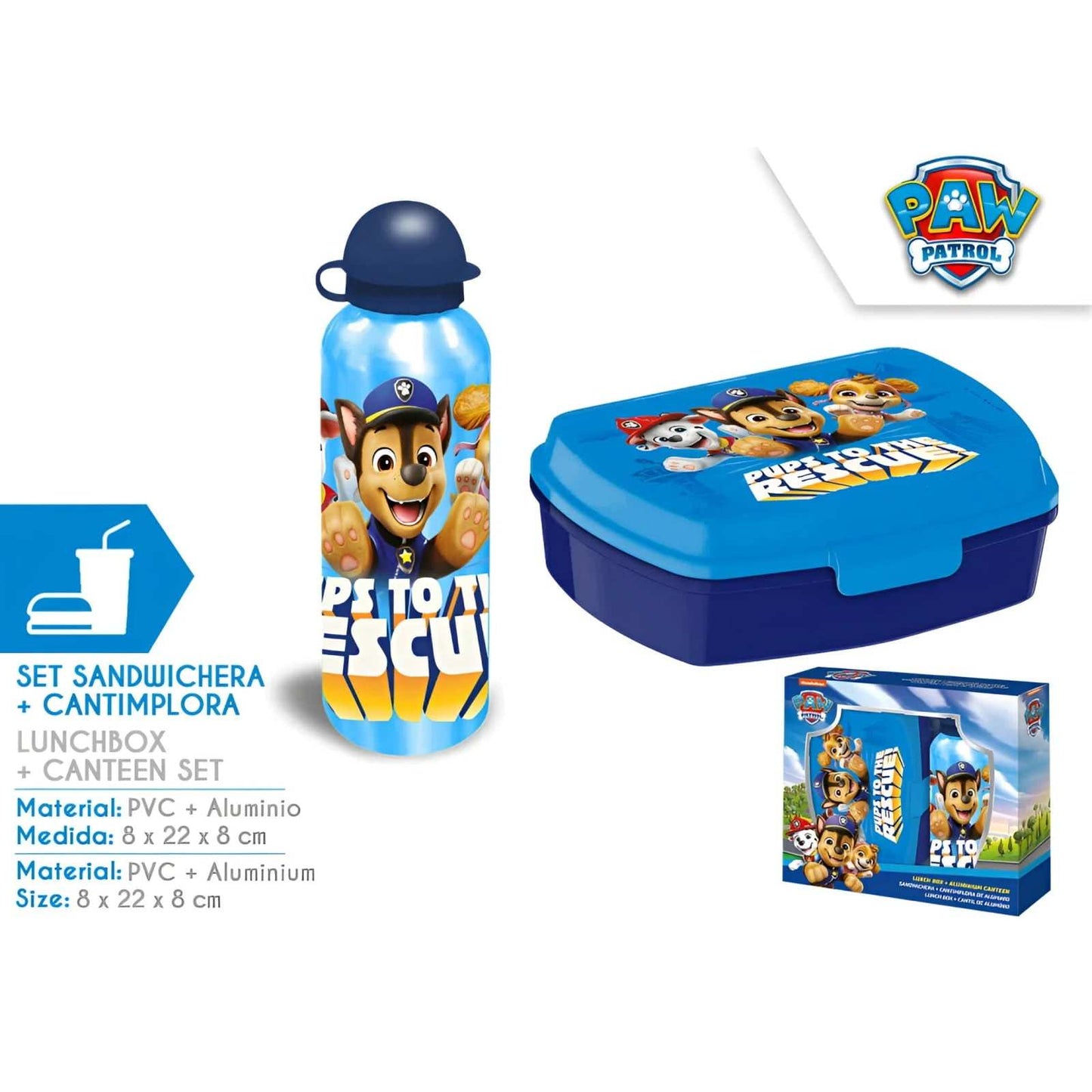 Set de cantimplora de aluminio 500 ml con sandwichera Patrulla Canina