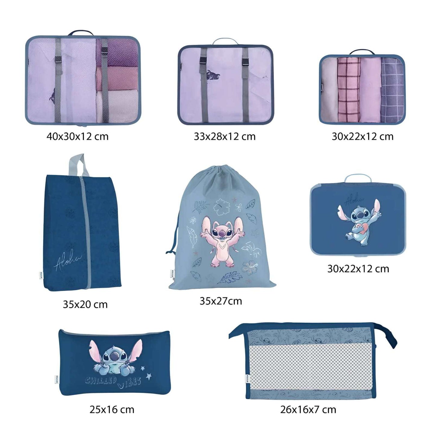 Set de viaje Stitch de 8 piezas para organizar equipaje