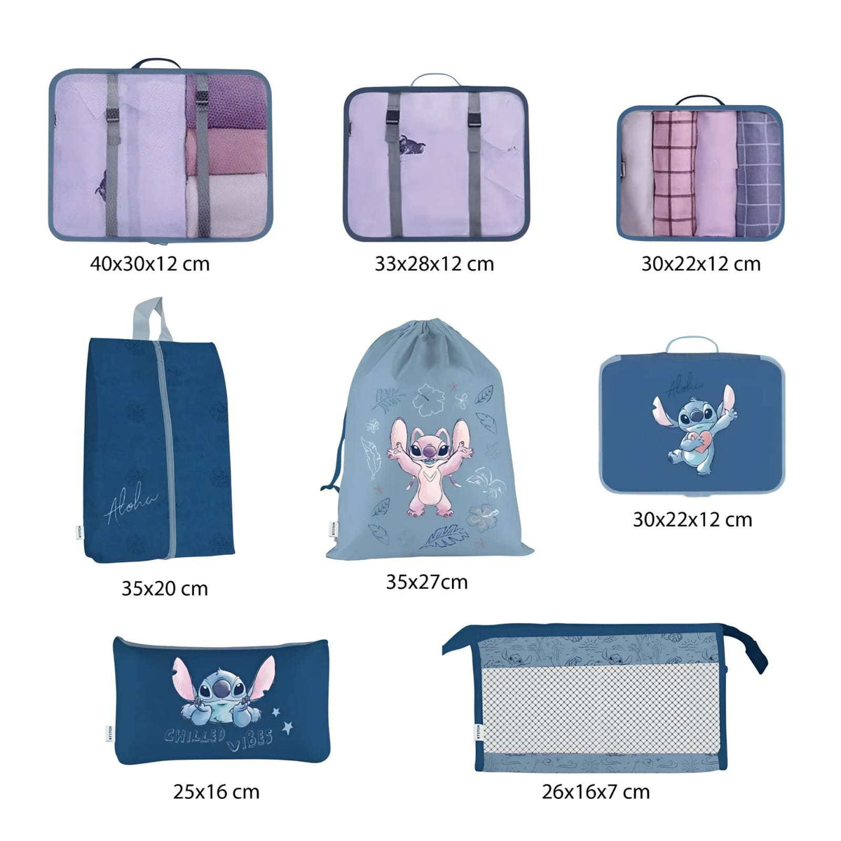 Set de viaje Stitch de 8 piezas para organizar equipaje