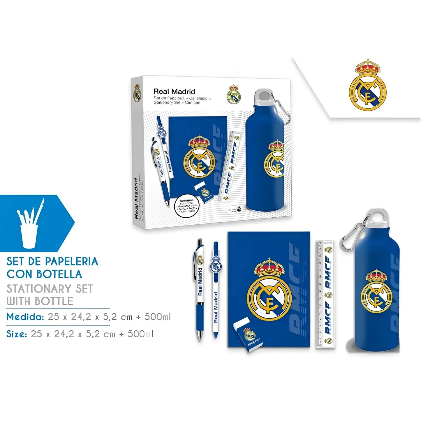 Set de papelería REAL MADRID con botella cantimplora aluminio - Botella
