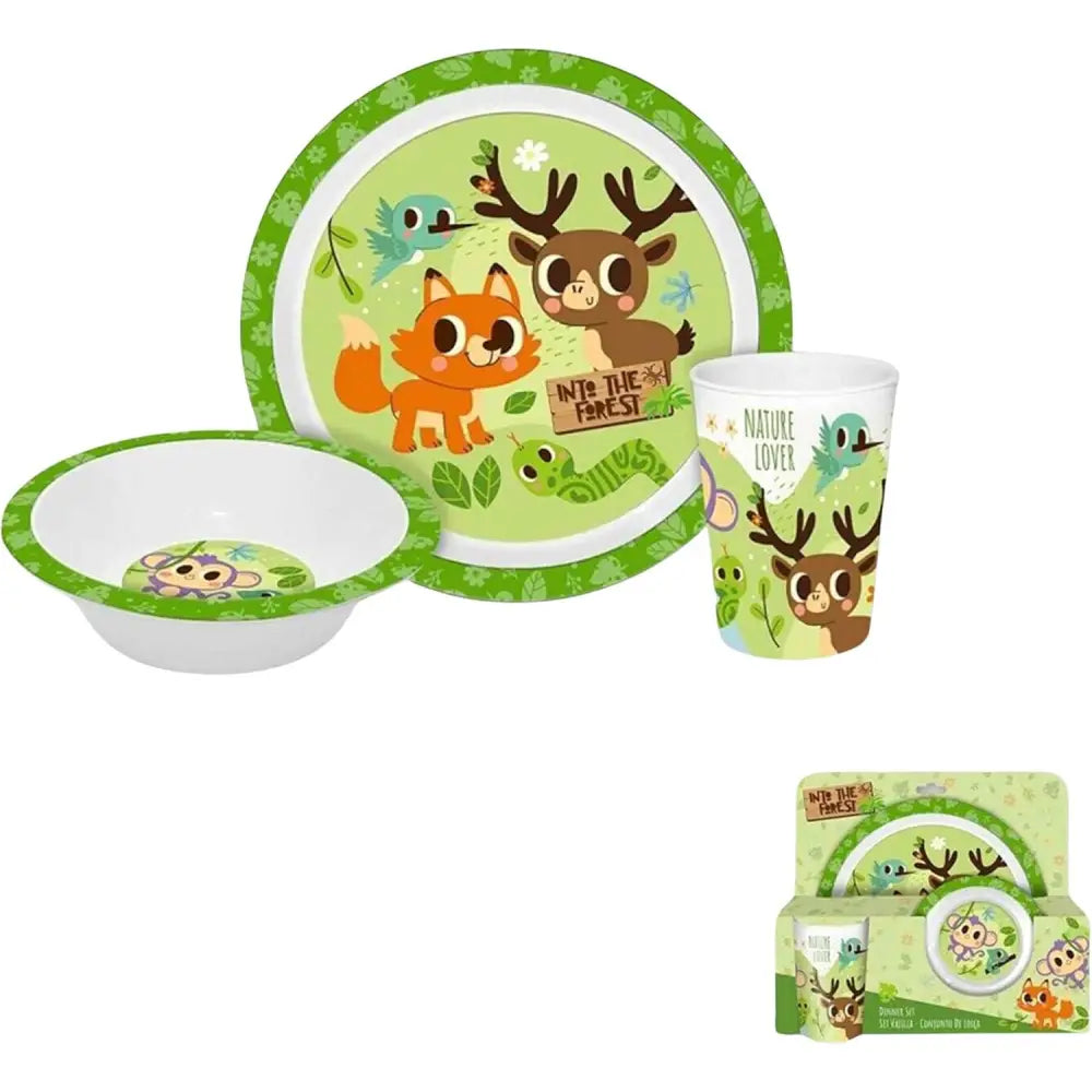 Set plato + bol + vaso animales del bosque plástico set